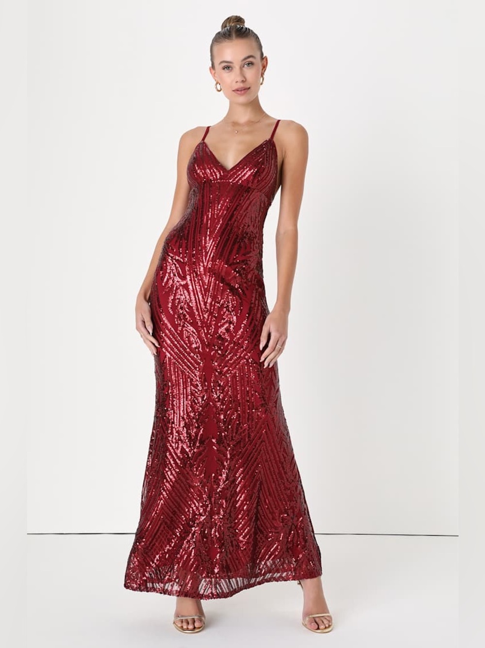 Lulu's Ever So Elegant Shiny Burgundy Sequin Mermaid Maxi Dress